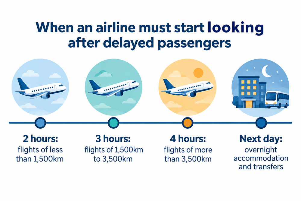Delay length at which an airline must start providing care, by flight distance