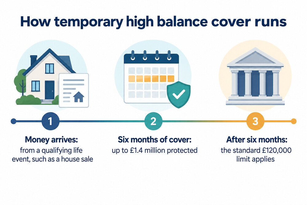 A timeline showing a house sale payment arriving, six months of higher cover, then the standard limit applying