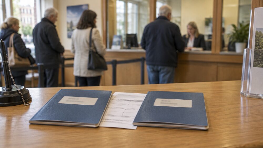 A couple sit at a café table with a folder of savings papers, one pointing while the other leans in.