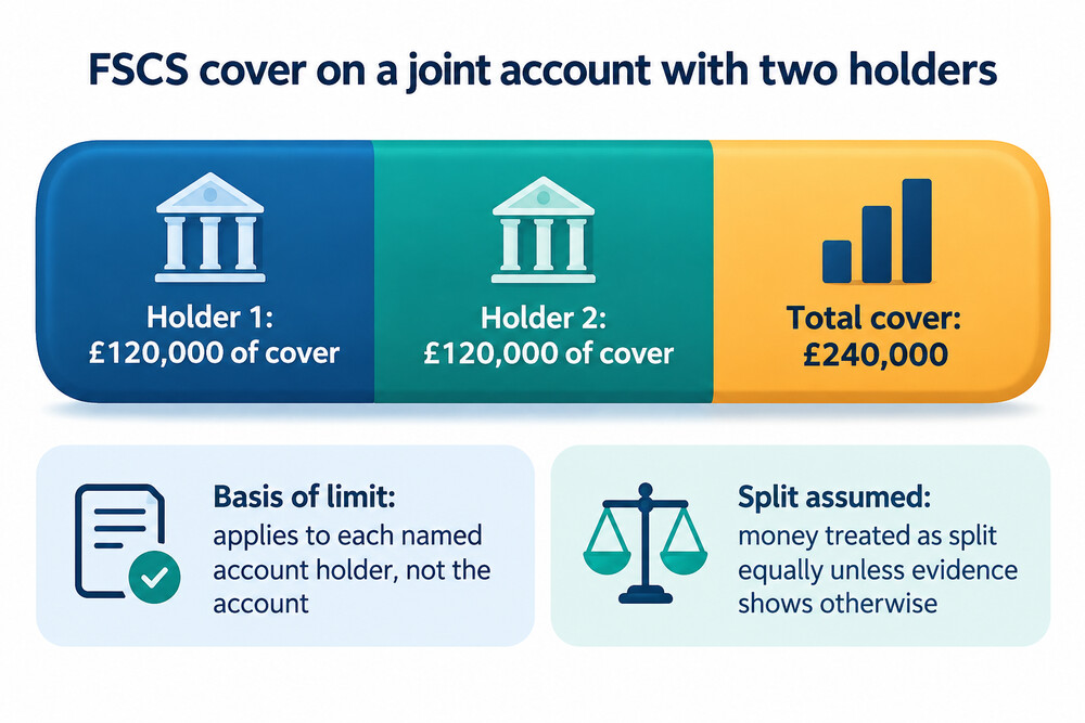 A joint account with two holders, showing £120,000 of cover for each person and £240,000 in total