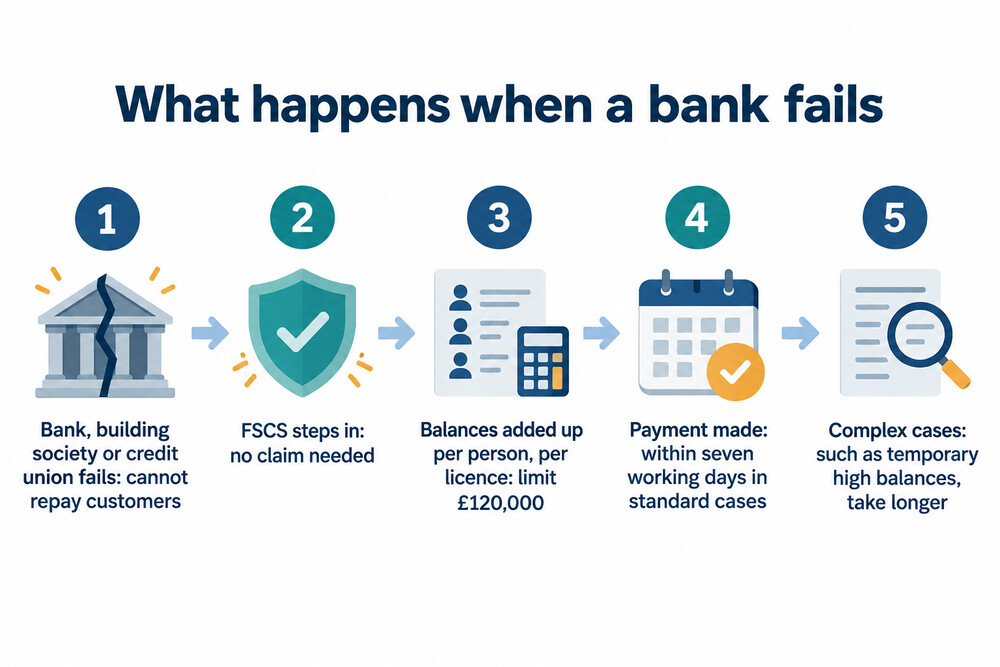 A diagram showing the steps from a bank failing to a customer being paid