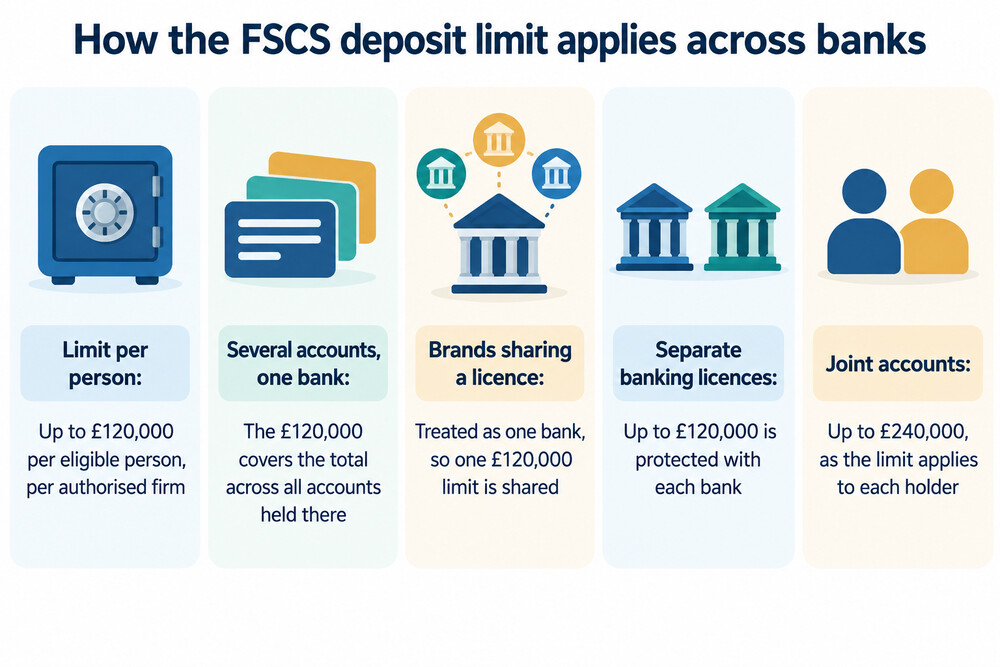 A person's savings spread across three different banks, each with its own protection limit