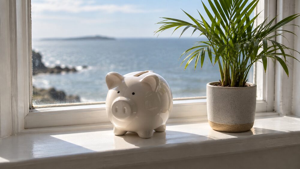 A piggy bank sits on a windowsill beside a plant with a blurred sea view beyond.
