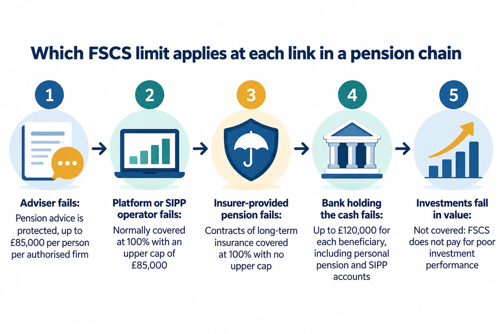 A diagram showing the chain of firms around a pension, from adviser to platform to fund manager to insurer, and which link the FSCS looks at when one fails