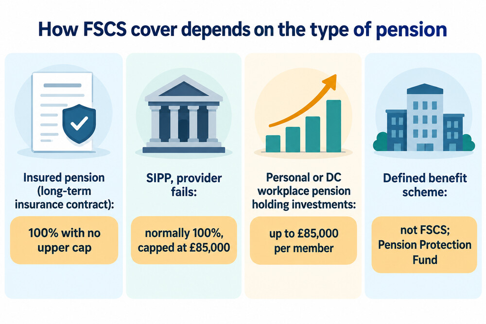A comparison of how the FSCS treats insured pensions, SIPPs and defined benefit schemes
