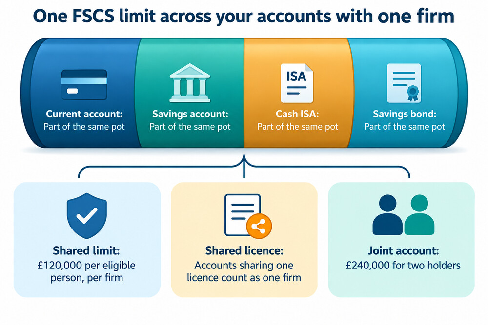 A simple diagram showing one £120,000 limit covering several accounts held with the same bank