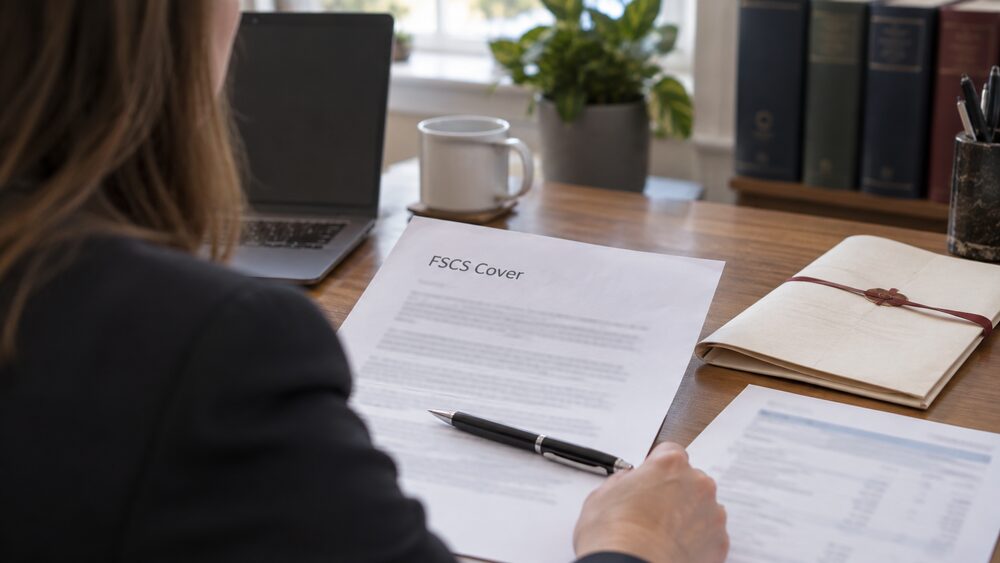 A solicitor hands a folder of documents to an older woman while her daughter stands beside her.