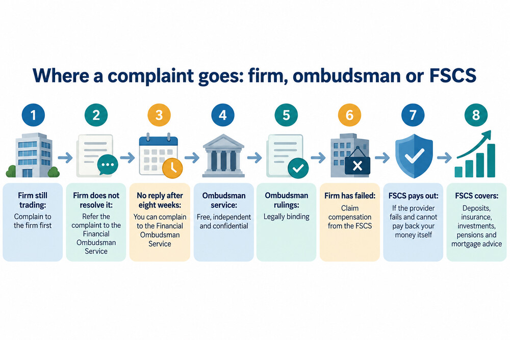 A simple decision path showing a complaint going first to the firm, then to the ombudsman if unresolved, and a failed firm going to the FSCS