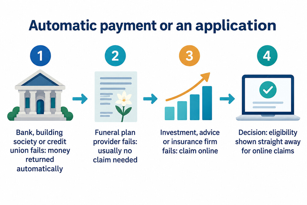 A flow showing which FSCS claims are automatic and which need an application