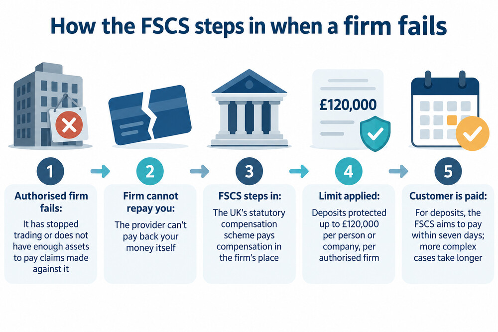 A simple illustration showing money held with a failed bank flowing to the FSCS and back to the customer as compensation
