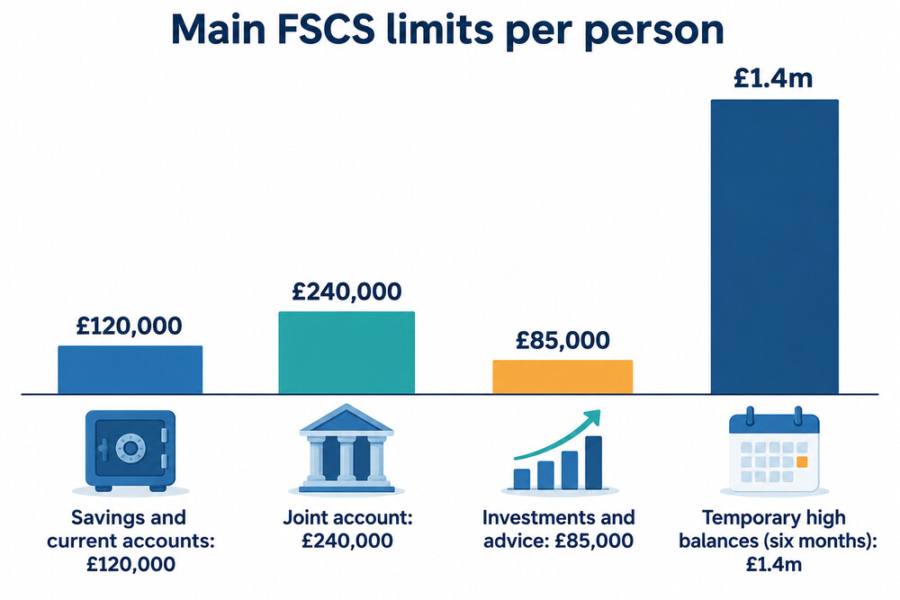 A bar chart comparing the FSCS limits for deposits, joint accounts and investments