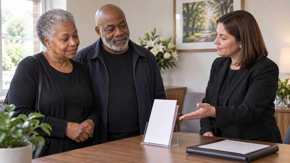 An older couple stand at a desk in a funeral director's office as a brochure is shown to them.