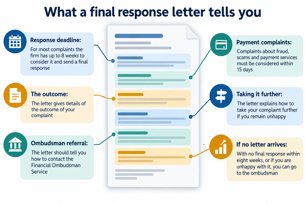 An example of a final response letter from a bank, showing the outcome of the complaint and the section explaining how to refer it to the Financial Ombudsman Service