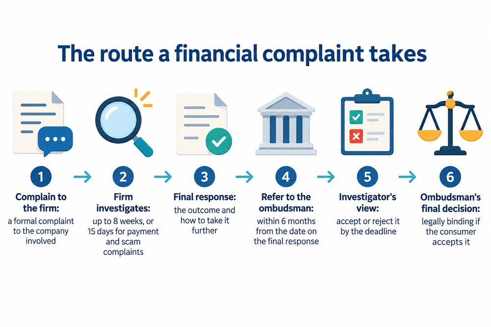A flow chart showing a complaint moving from the firm to the ombudsman and on to a final decision