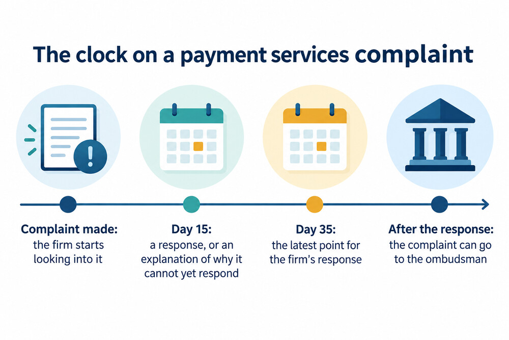 A timeline showing day 1, day 15 and day 35 for a payment services complaint