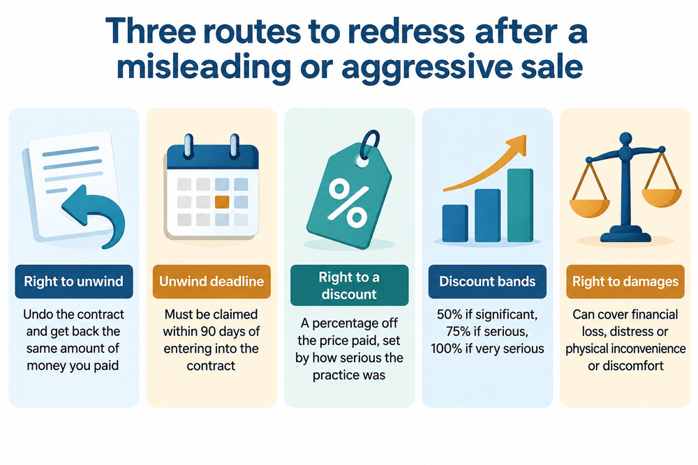 A simple chart showing the three rights of redress: unwinding the contract, a discount, and damages