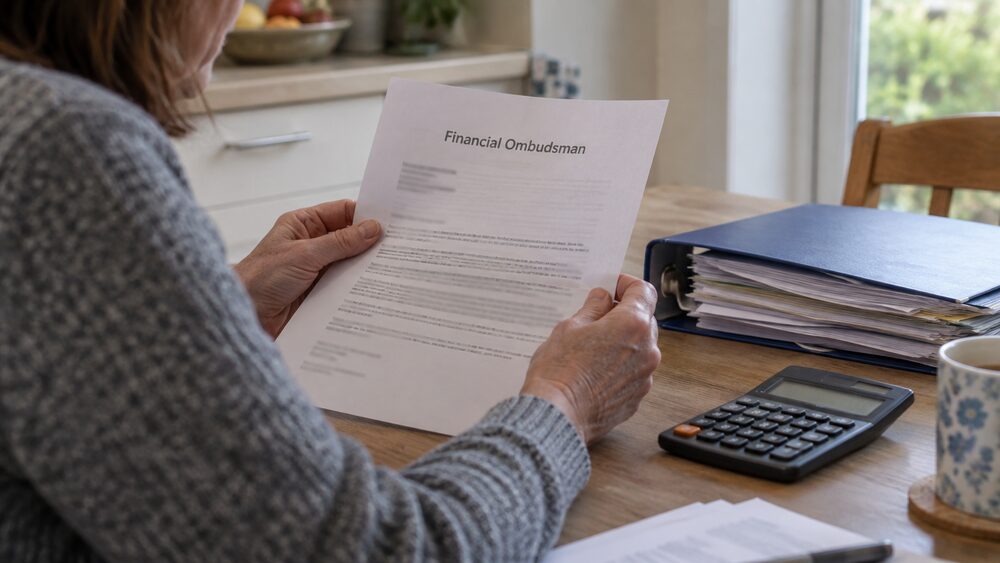 A calculator, notebook, pen and reading glasses sit on a desk with a blurred statement.