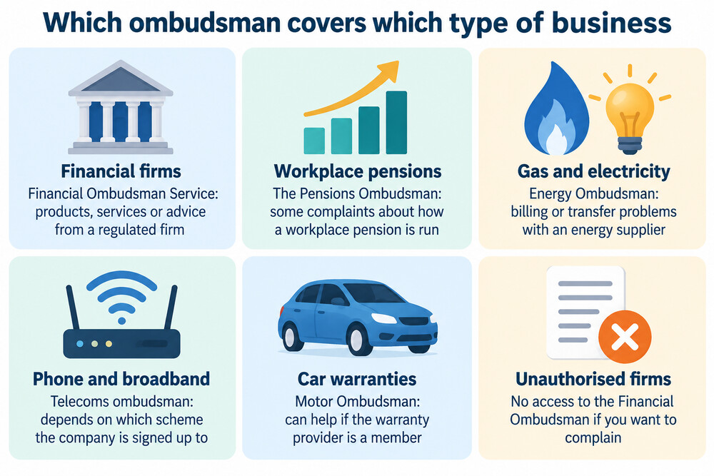 A simple map showing which ombudsman handles each type of complaint, from banks to energy firms to estate agents