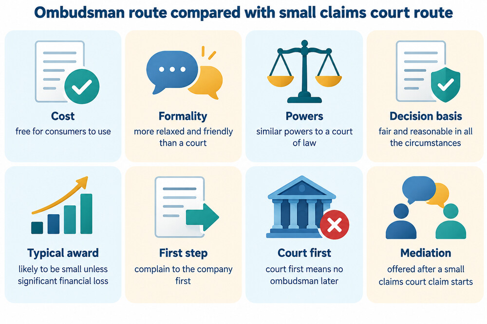 A side-by-side comparison of the ombudsman route and the small claims court route, showing cost, formality and what each can order