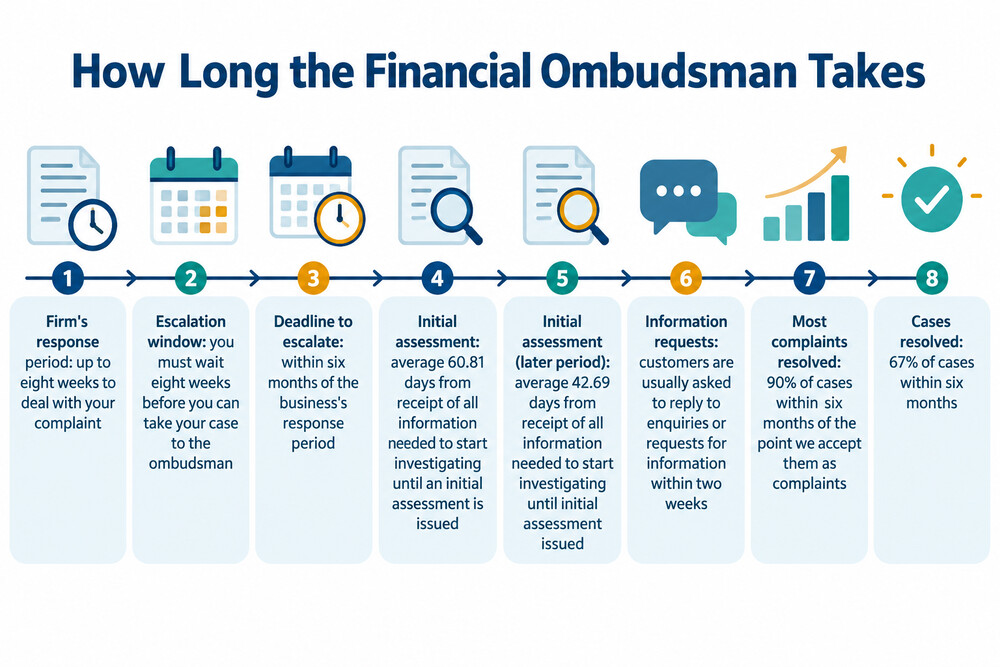 A timeline showing the stages of a complaint from the firm's eight weeks to the ombudsman's decision