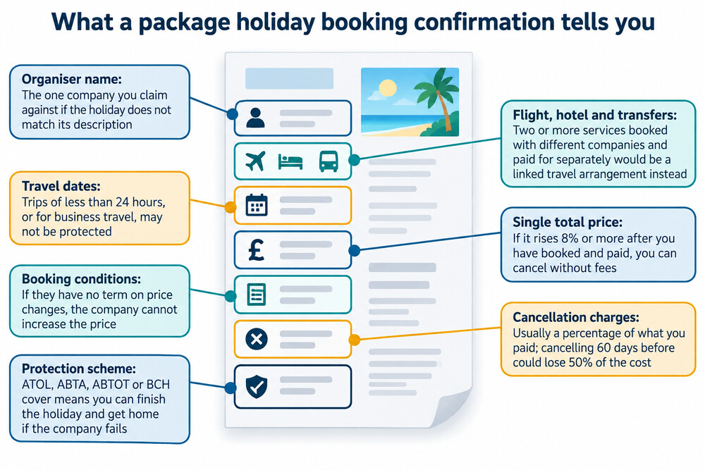 A package holiday booking confirmation showing the flight, hotel and transfers listed together on one document