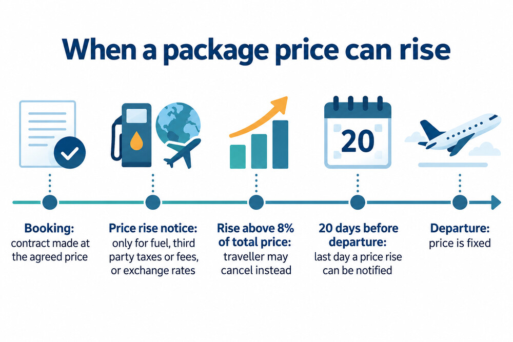 A timeline of a package booking showing the booking date, the last date for a price rise 20 days before departure, and departure