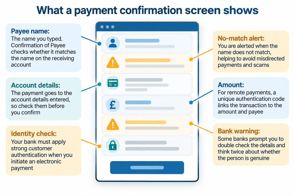 A phone screen showing a bank transfer confirmation page with the recipient's name and account details being checked before sending