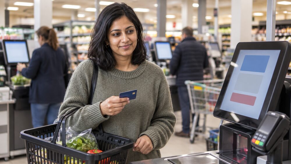 A woman stands back from a self-checkout machine holding a basket and her debit card.