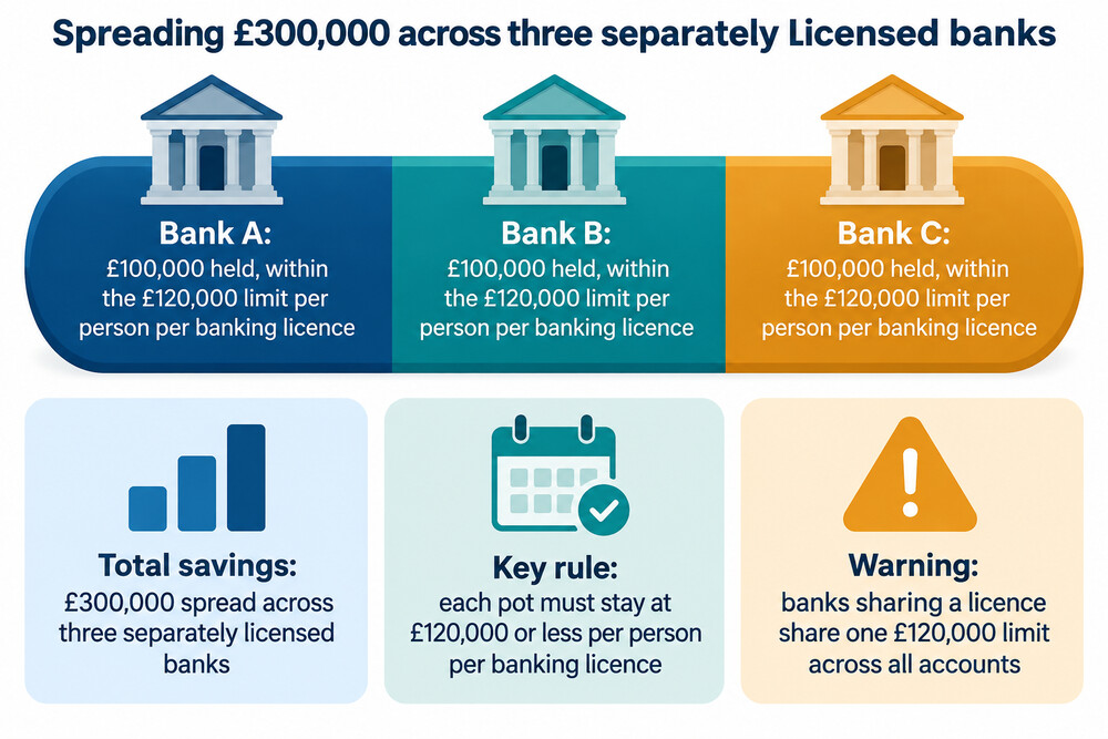 A diagram showing £300,000 spread across three separately licensed banks, each holding £120,000 or less
