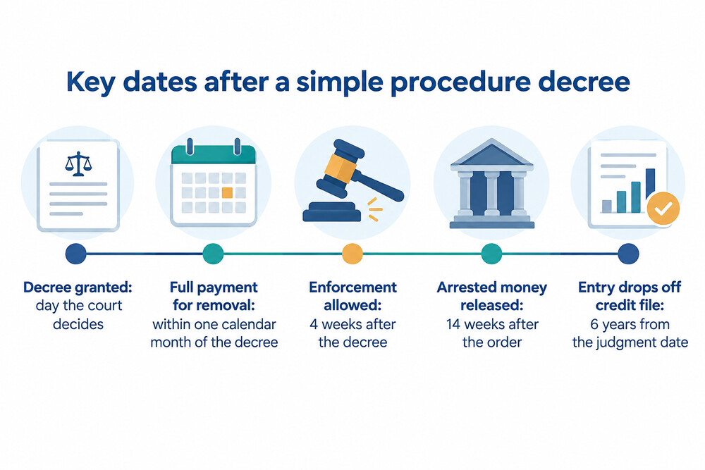 A timeline showing the key dates after a simple procedure decree is granted