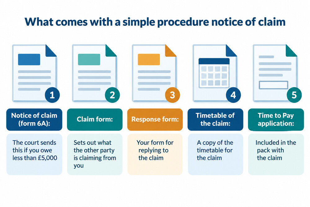 The paperwork a respondent receives in a simple procedure claim, including the response form and Time to Pay application