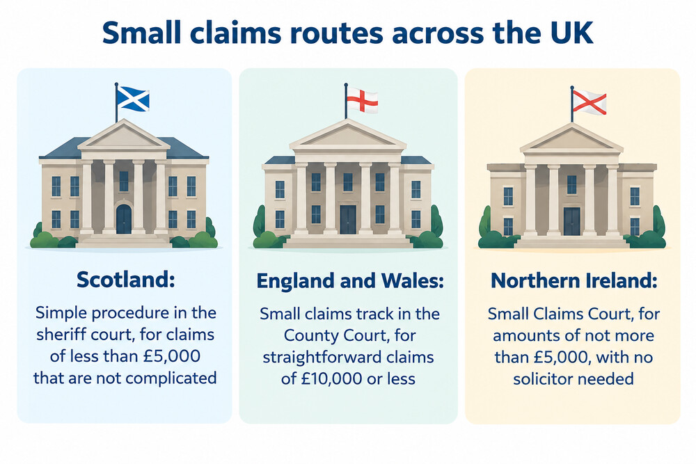 A map of the United Kingdom showing how small claims limits differ in Scotland, England and Wales, and Northern Ireland