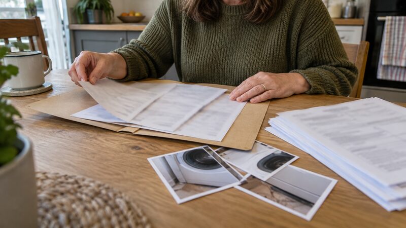 An open folder with receipts, printed photos and emails lies on a kitchen table as a hand sorts them.