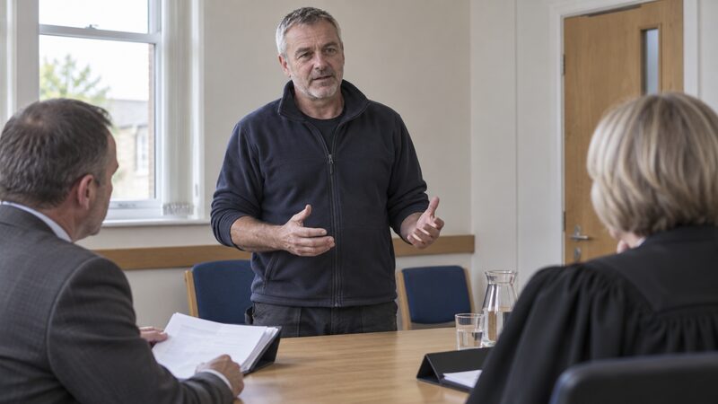 A man in work clothes stands addressing a judge in a small hearing room while a trader sits opposite.