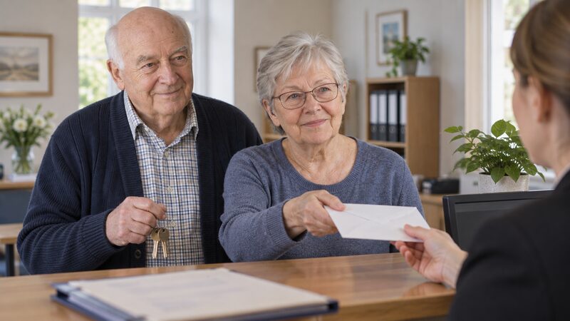 A couple stand at a solicitor's reception counter as one hands over a sealed envelope and the other holds house keys.