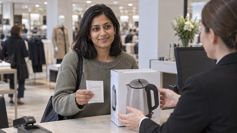 A woman stands at a department store service desk returning a boxed kettle with a cracked lid, holding a receipt.