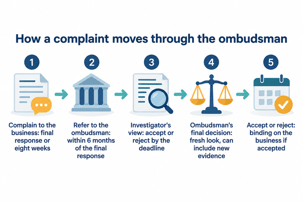 A flow chart showing a complaint moving from the business to the ombudsman's investigator and then to a final decision