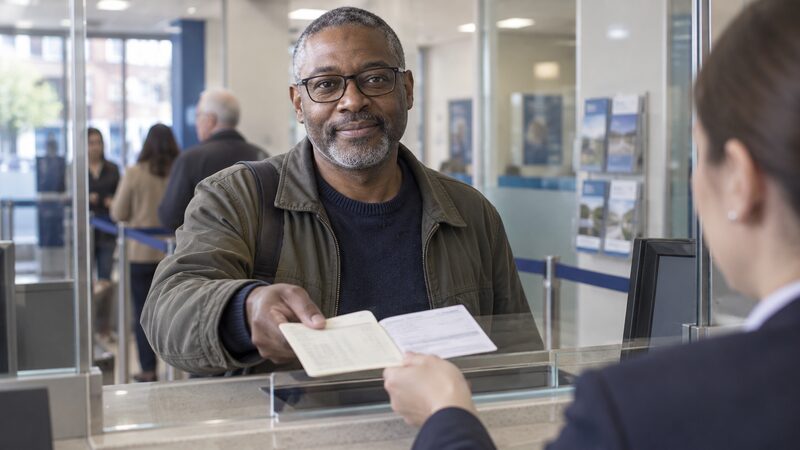 A man stands at a bank counter handing a passbook and paying-in slip to a teller behind glass.