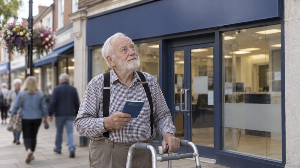 An older man with a walking frame looks up at a bank branch sign while holding a passbook.