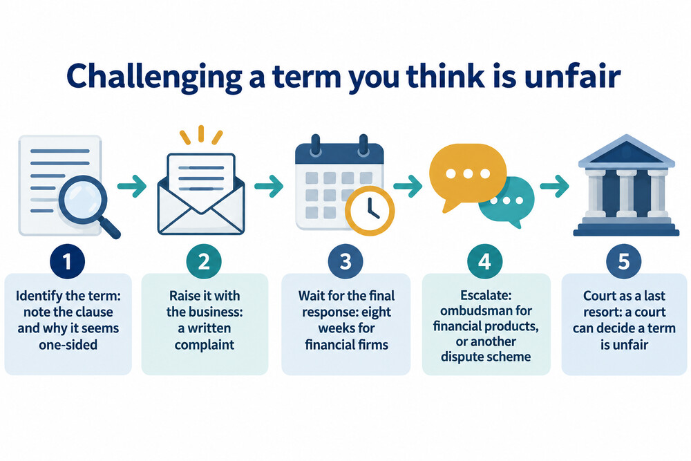 How a challenge to an unfair term usually moves from the business to an ombudsman or court