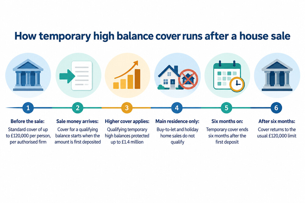 A timeline graphic showing a large deposit arriving, six months of higher protection, and the limit dropping back to £120,000