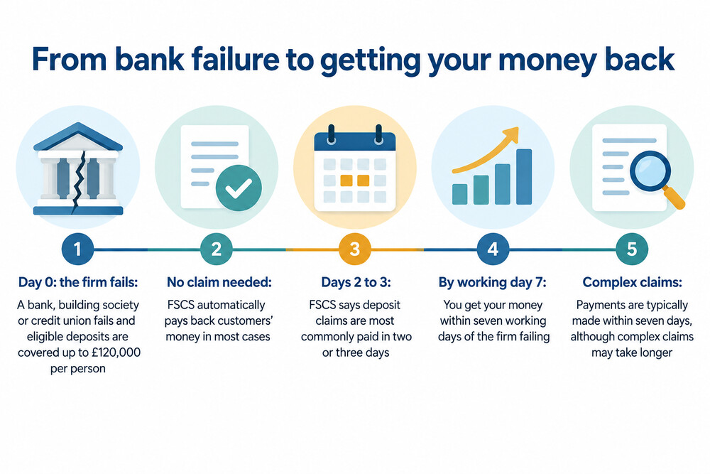 A timeline showing the days after a bank fails, from the failure announcement to automatic FSCS payment