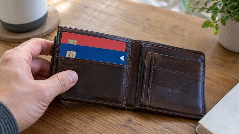 An open wallet on a wooden table holds two different debit cards in the same slot, with a hand resting on it.