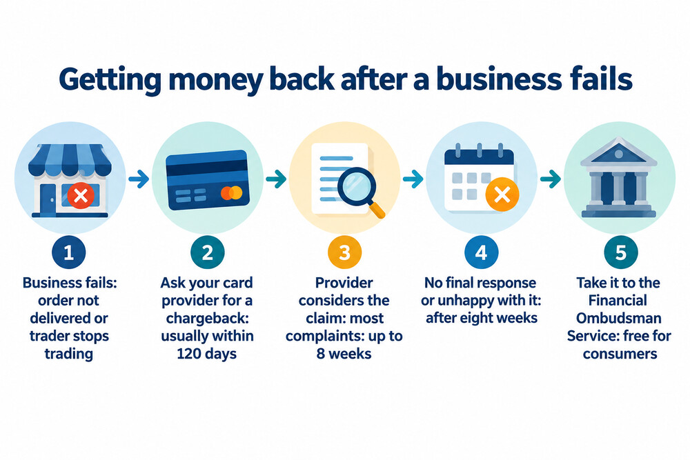 A timeline diagram showing a payment, a missed delivery, the chargeback claim and a complaint to the ombudsman