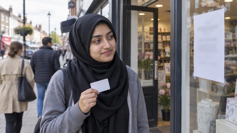 A young woman stands outside an open shop holding a blank gift card and looking at a notice in the window.