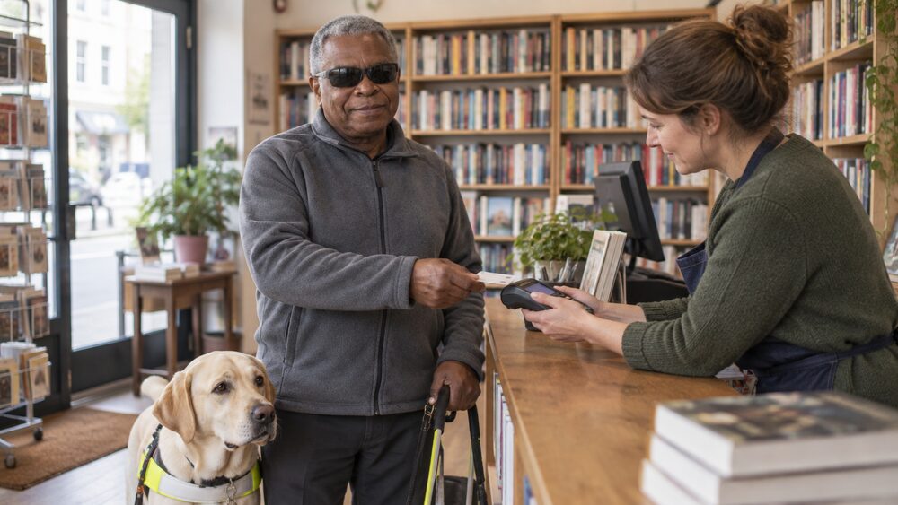 A blind man with a guide dog holds out his card as an assistant lowers a card machine.