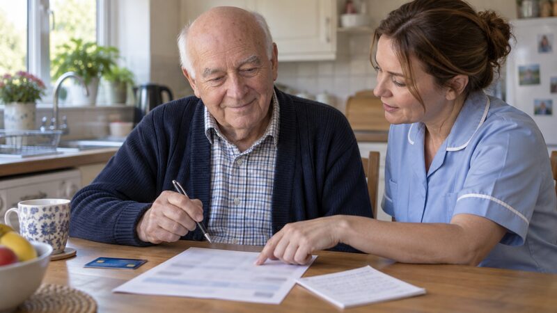 An older man and a carer sit at a kitchen table looking over a bank statement, with a card and pen nearby.