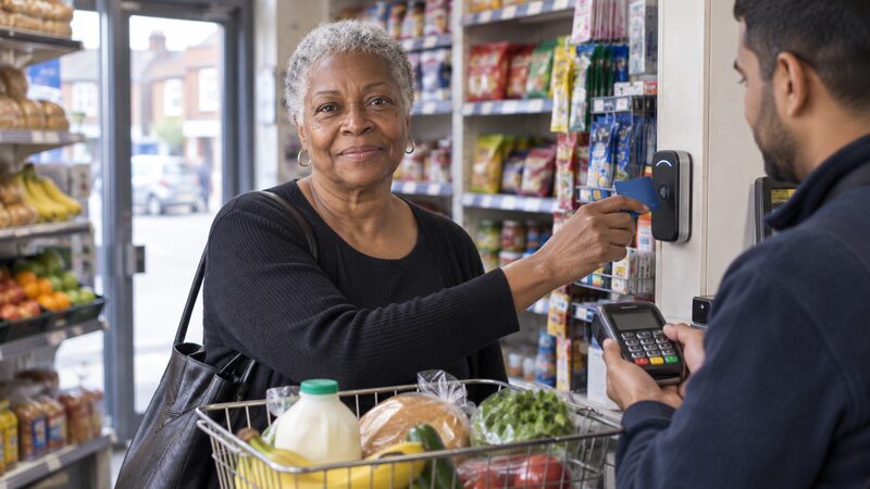 A woman taps a debit card on a contactless reader while a shop assistant holds out a physical PIN pad.