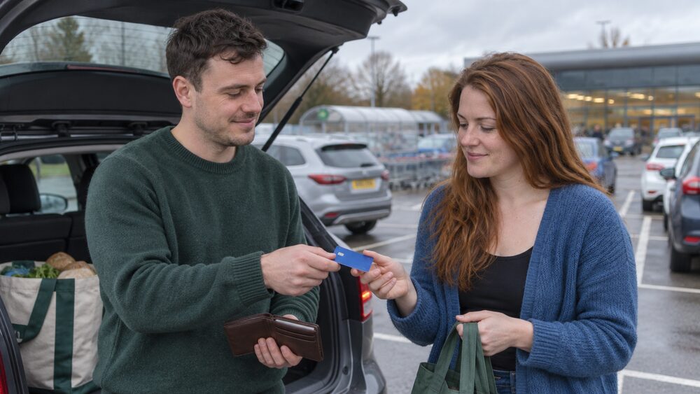 A man hands a credit card to a woman at the open boot of their car in a supermarket car park.