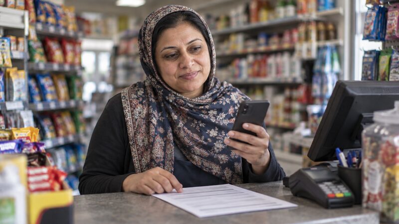 A woman stands behind a shop counter holding a phone and looking at a paper application form beside the till.